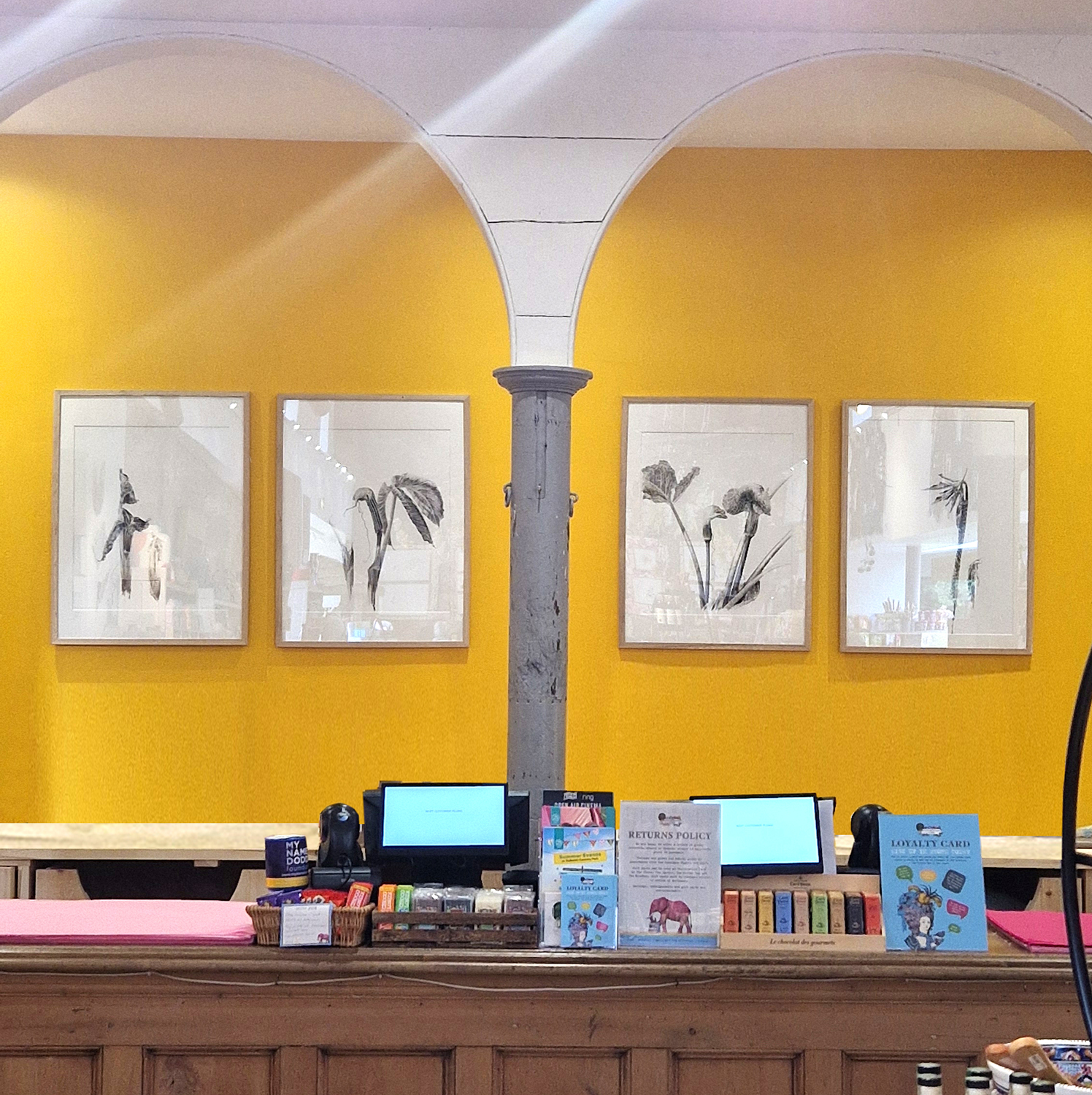 Artist Residency at Restoration Yard, Dalkeith Country Park, botanical art prints  hanging on the yellow wall behind the tills in the Foodhall