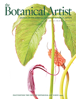 The Botanical Artist, Journal of the American Society of Botanical Artists, June 2024 | Vol 30 No 2 asba-art.org, Cultivating the Field of Botanical Art since 1994 The Journal cover features a painting of Arisaema cosatum by Marianne Hazlewood