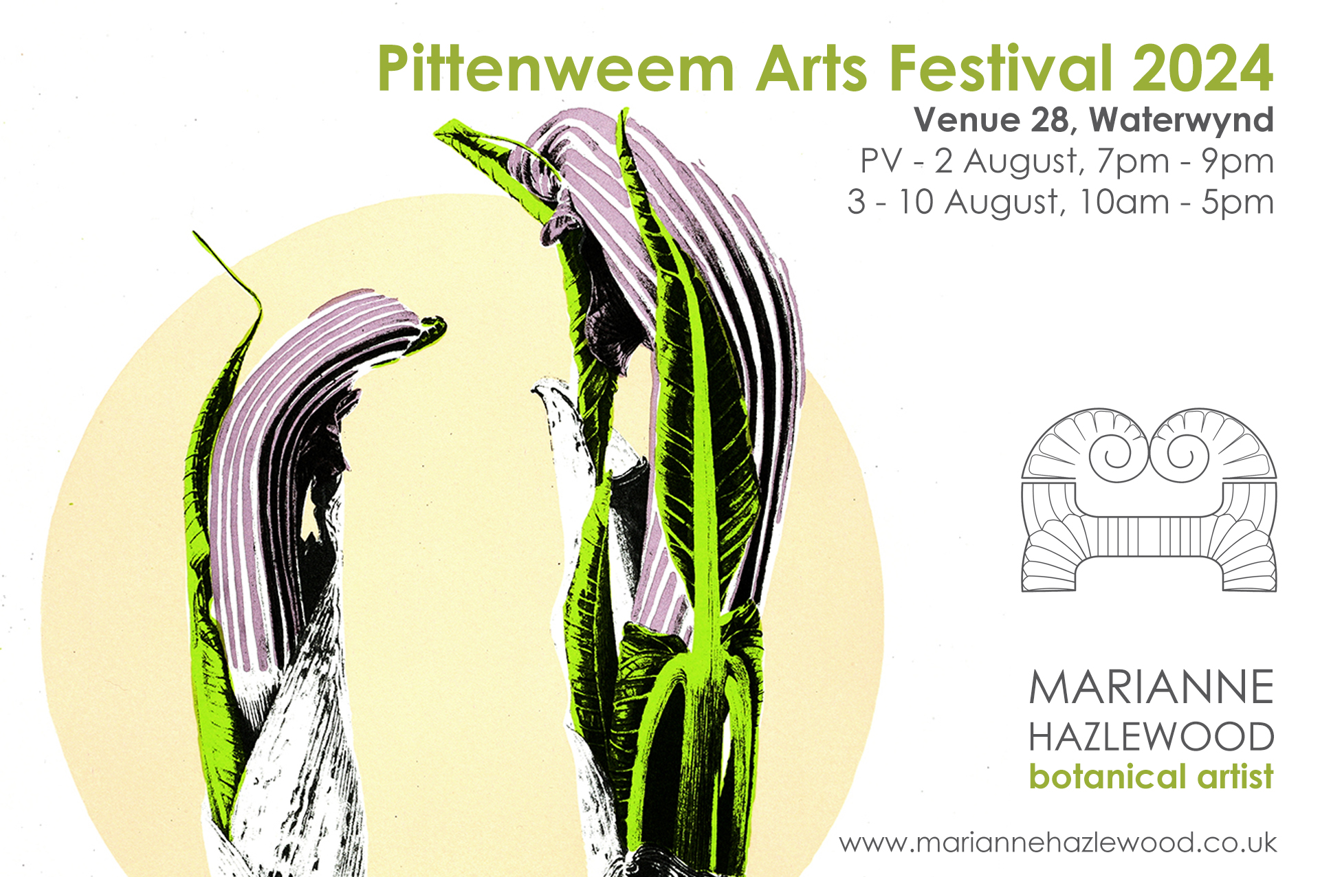 Pittenweem Arts Festival, Venue 28, PV 2 August 7pm - 9pm, 3 - 10 August, 10am - 5pm, Marianne Hazlewood, botanical artist, www,mariannehazlewood.co.uk, Arisaema ringens screen print