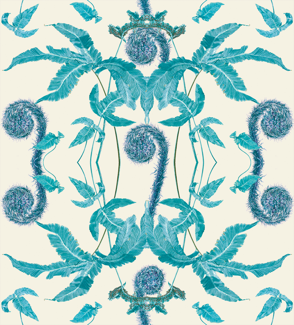 Turquoise on creme Fern - full colour fabric and wallpaper design including imagery from my Dryopteris affinis and Dryopteris sieboldii paintings